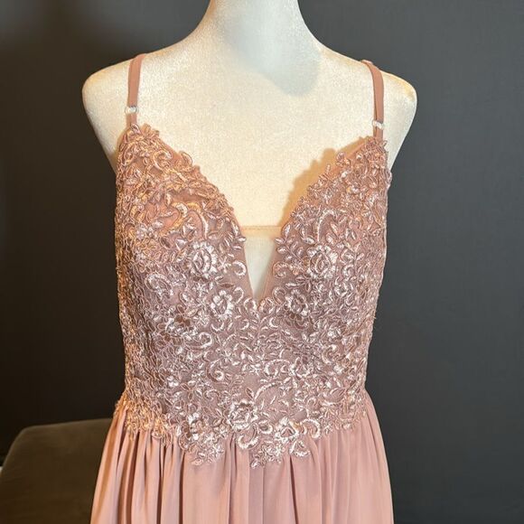 Women’s Pink Chiffon & Lace Appliqué Bridesmaid Dress Zip Up & Leg Slit Size 8 - Picture 2 of 12